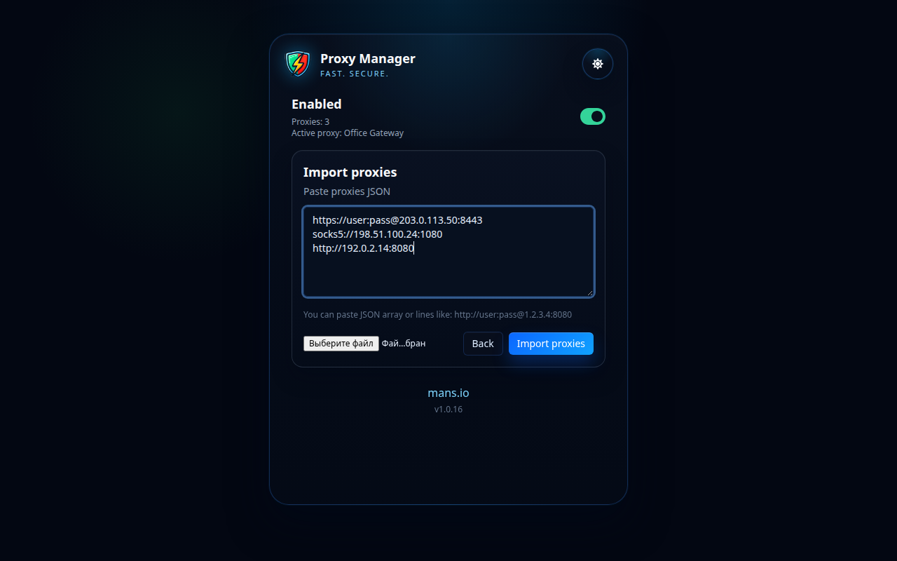 Zaslon za uvoz Proxy Managera