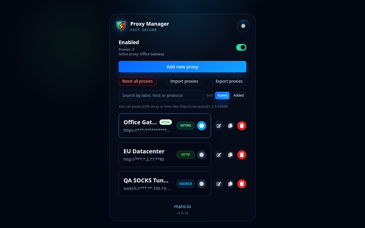 Popis profila Proxy Managera